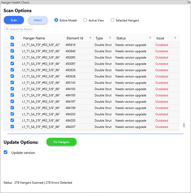 Hanger Health Check Scanner Options - MSUITE BIM 9.0