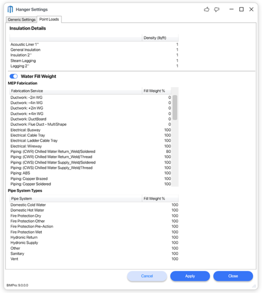 Point Loads - Hanger Settings